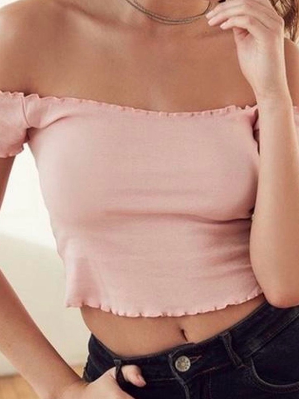 debut Ribbed Ruffle Scoop Crop Top - Light Peach - Picture 3 of 3